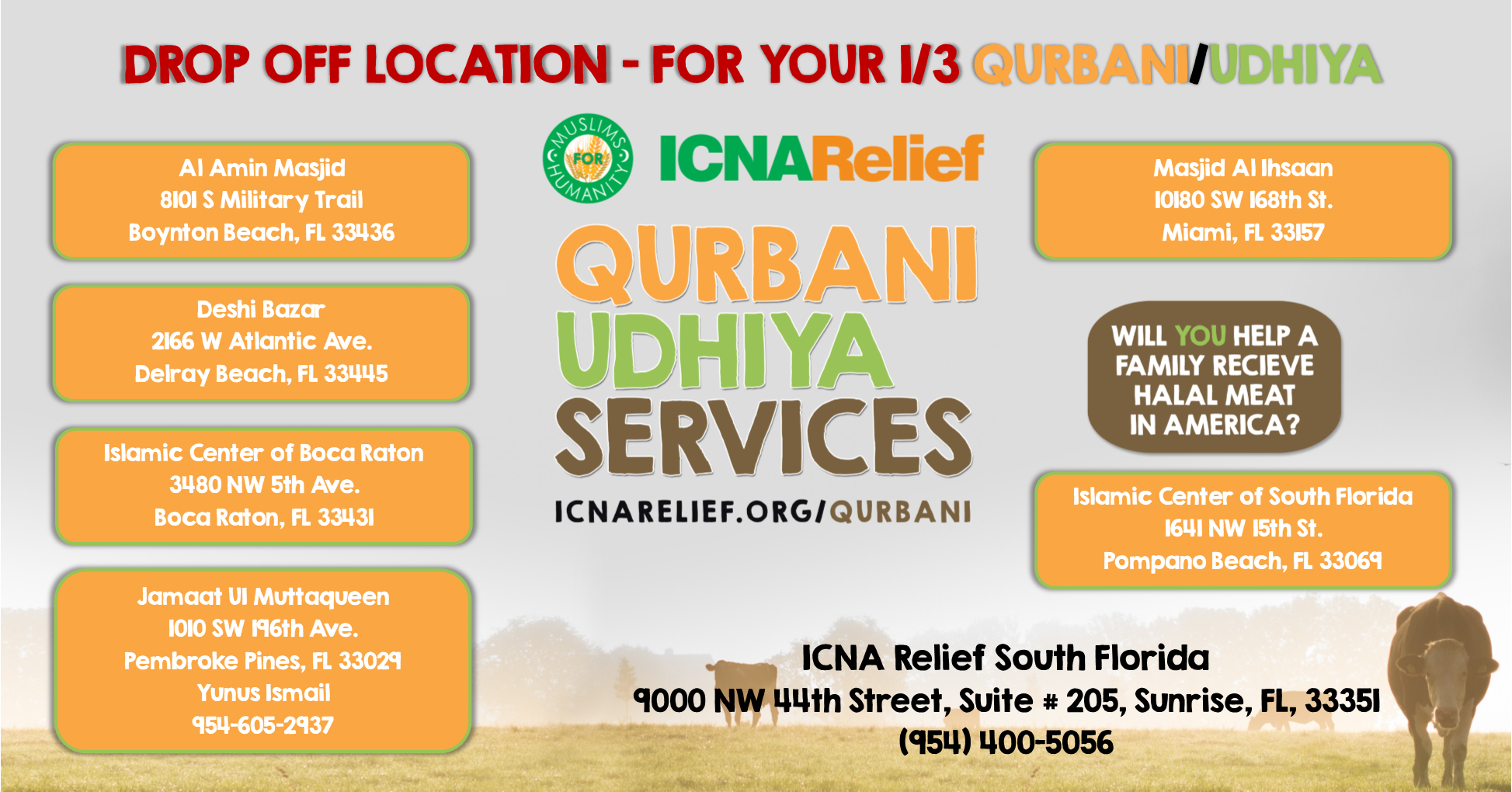 ICNA Relief drop off location for your 1/3  Qurbani/ Udhiya